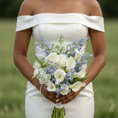 Calla Lily Wedding Bouquets with white calla lilies, blue flowers, white roses, and greenery for an elegant bride