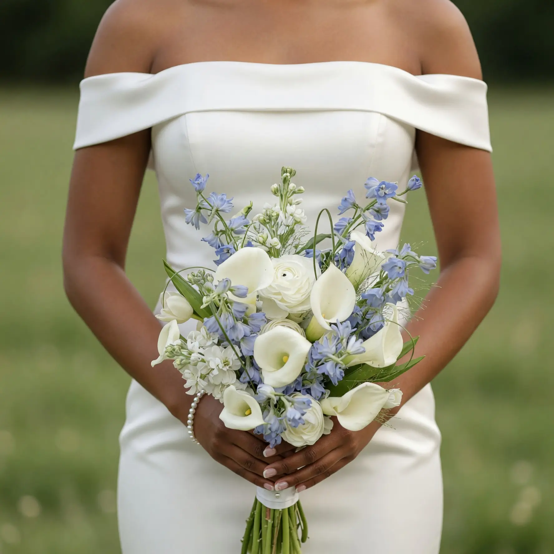 Calla Lily Wedding Bouquets with white calla lilies, blue flowers, white roses, and greenery for an elegant bride