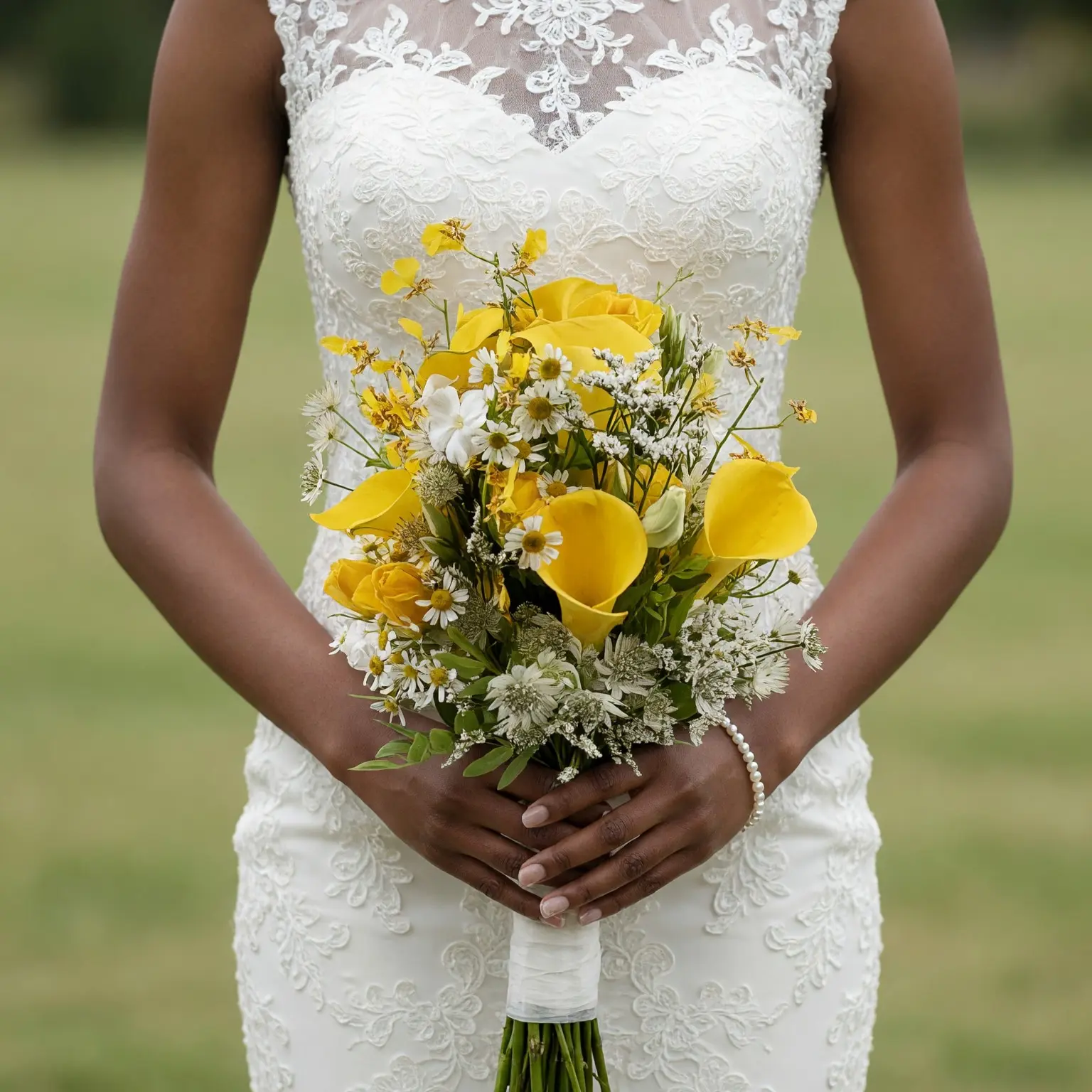 Calla Lily Wedding Bouquets with yellow calla lilies, yellow roses, white daisies, wildflowers, and greenery