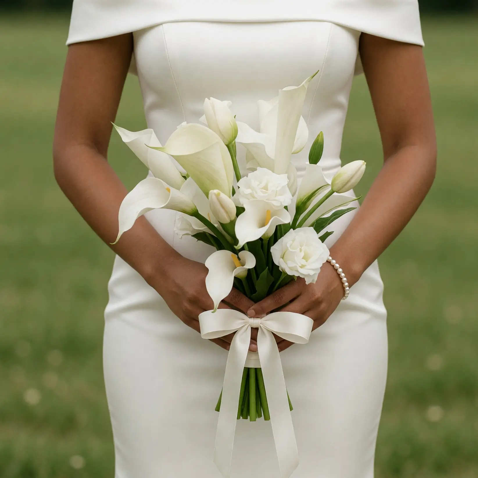 Bridal flowers bouquets with white calla lilies, tulips, delicate white blooms, greenery, and an ivory ribbon