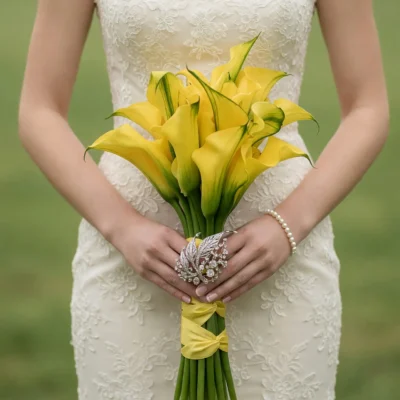 Calla lily wedding bouquet with bright yellow blooms, green-edged petals, yellow ribbon, and a sparkling silver floral brooch