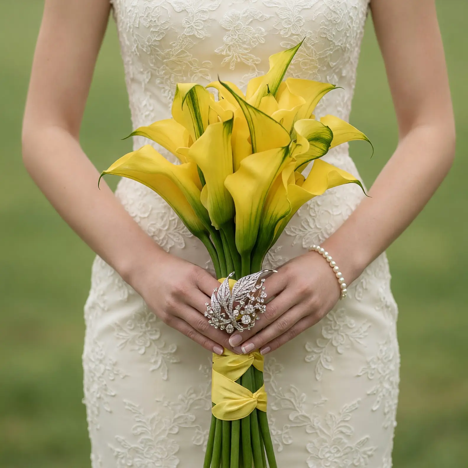 Calla lily wedding bouquet with bright yellow blooms, green-edged petals, yellow ribbon, and a sparkling silver floral brooch