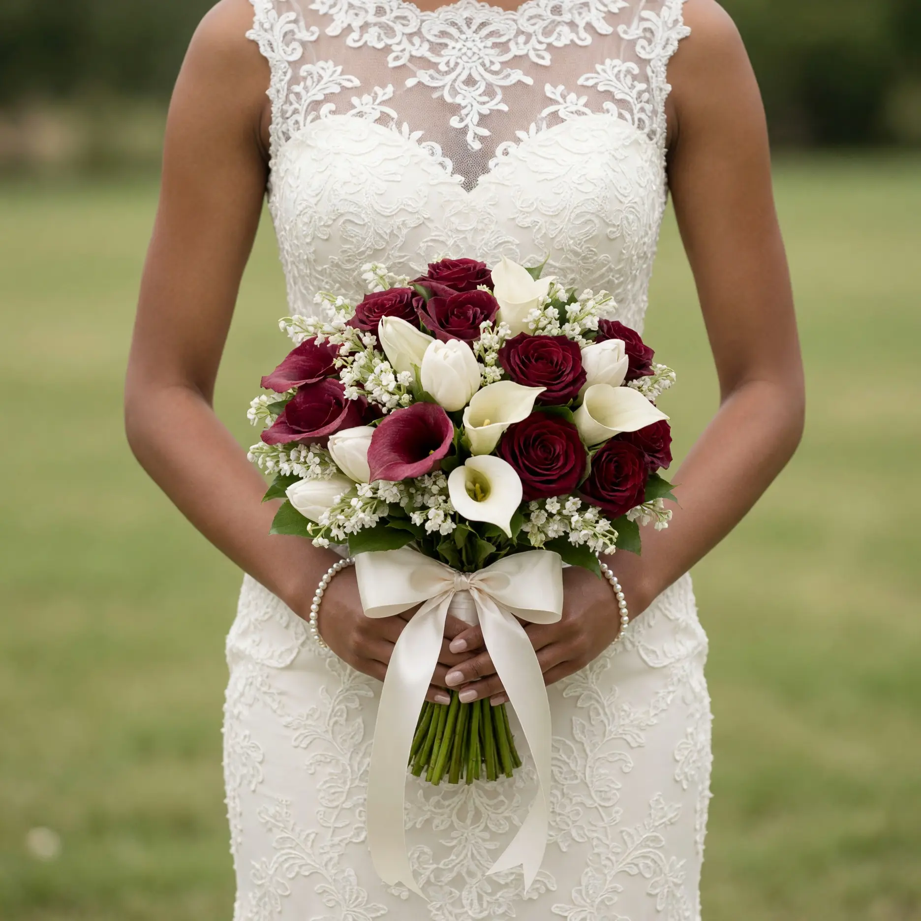 Burgundy and white wedding bouquet with dark red roses, burgundy calla lilies, white tulips, white calla lilies, and ivory satin ribbon