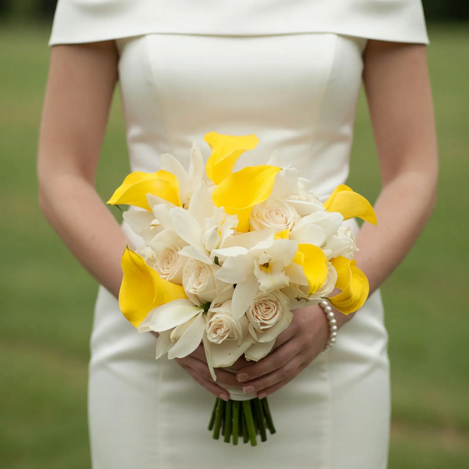 Yellow calla lily and rose bouquet with creamy ivory roses, white orchids, and soft white bridal flowers held by a bride