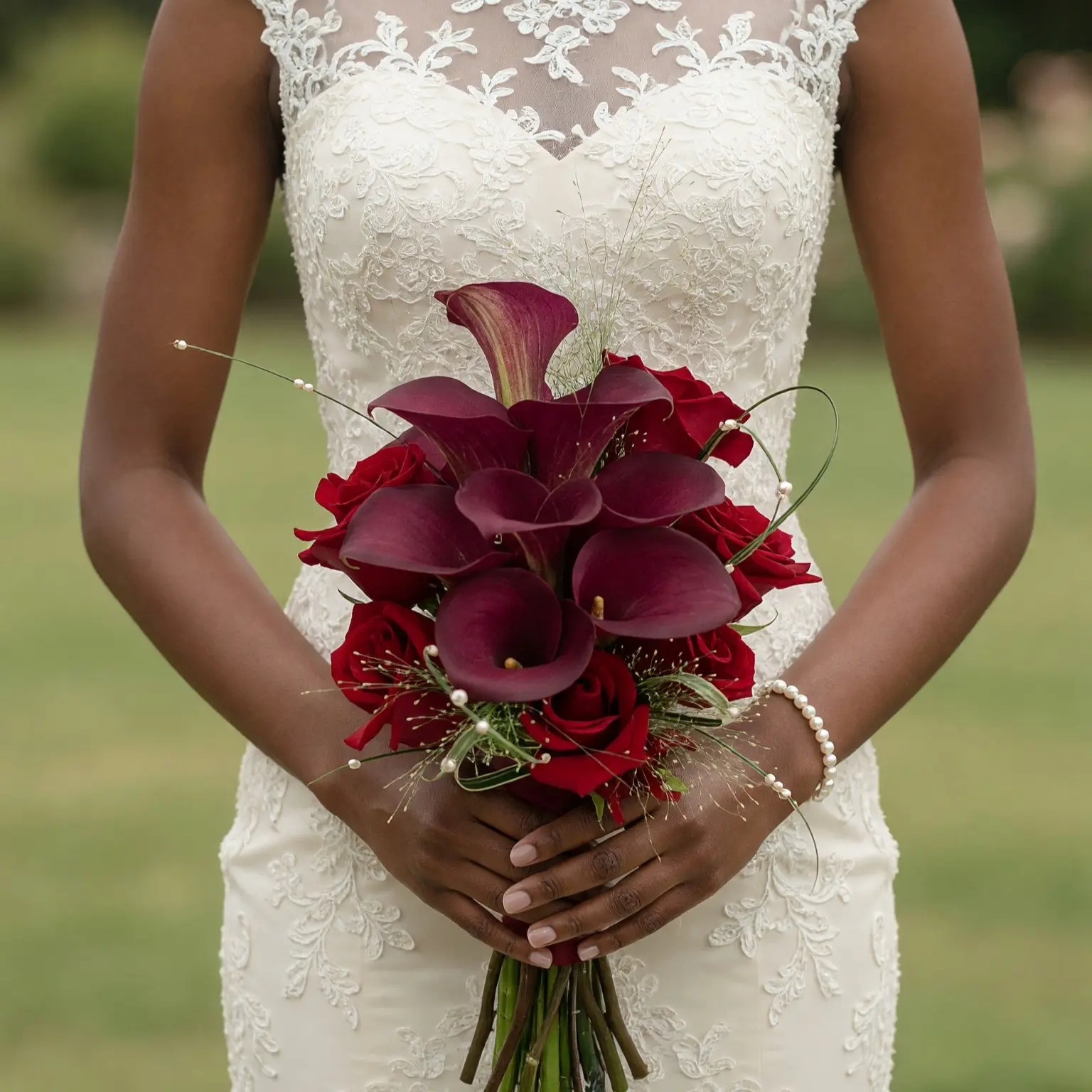 Burgundy calla lily and rose bouquet with deep wine-red calla lilies, red roses, fine grasses, and delicate pearl accents