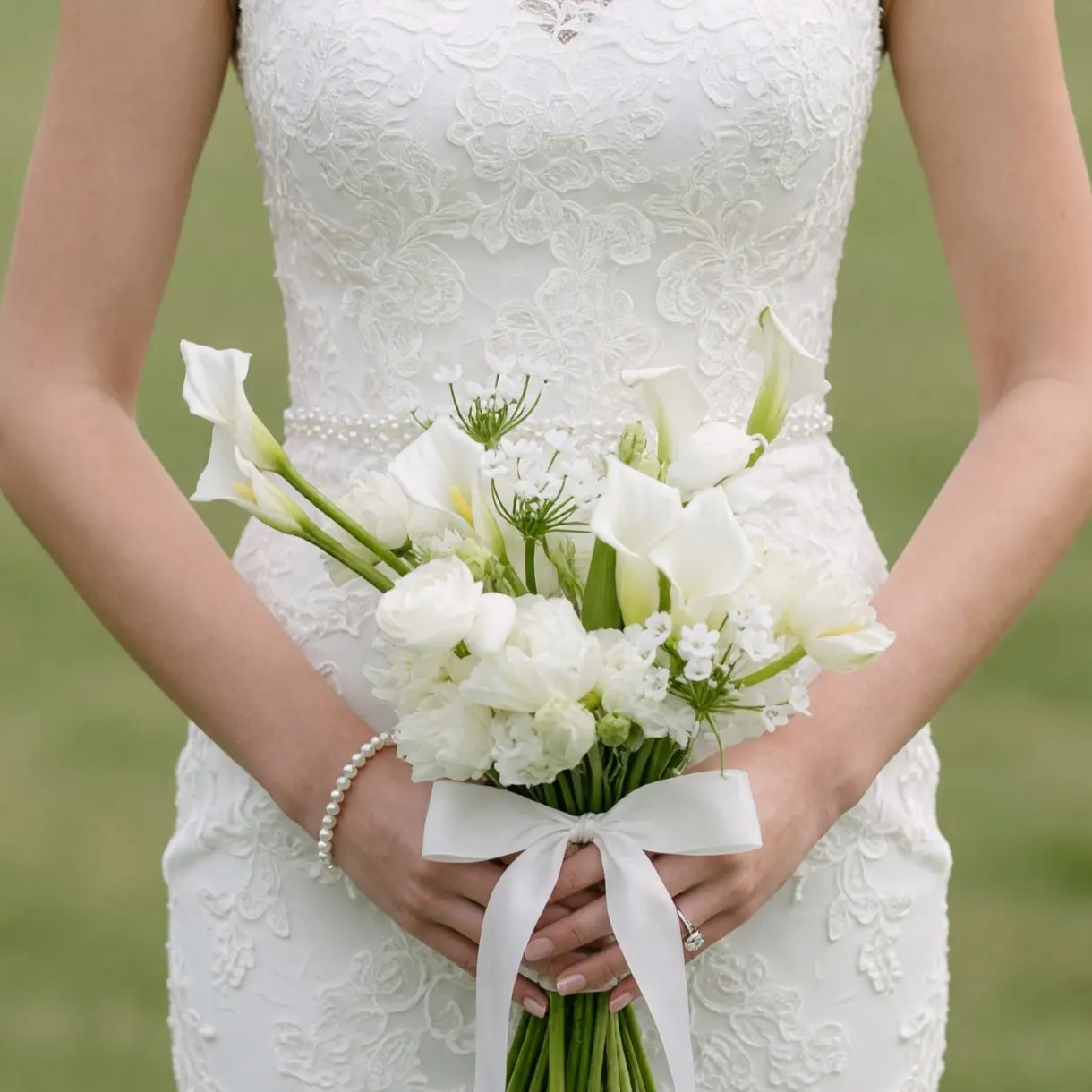 White calla lily bridal bouquet with ivory flowers, delicate white filler blooms, green stems, and a flowing white satin bow