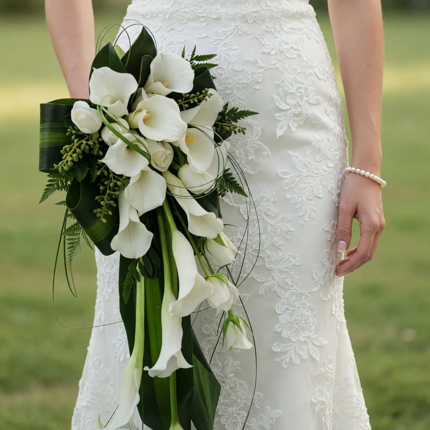 Cascading calla lily bridal bouquet with white calla lilies, ivory roses, glossy dark foliage, ferns, green buds, and looping grasses