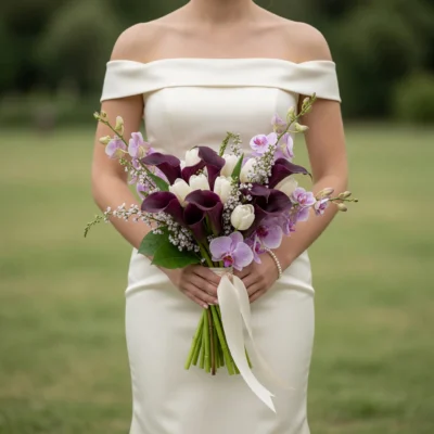 Purple calla lily wedding bouquet with deep plum calla lilies, lavender orchids, white tulips, delicate white filler flowers, and ivory ribbon