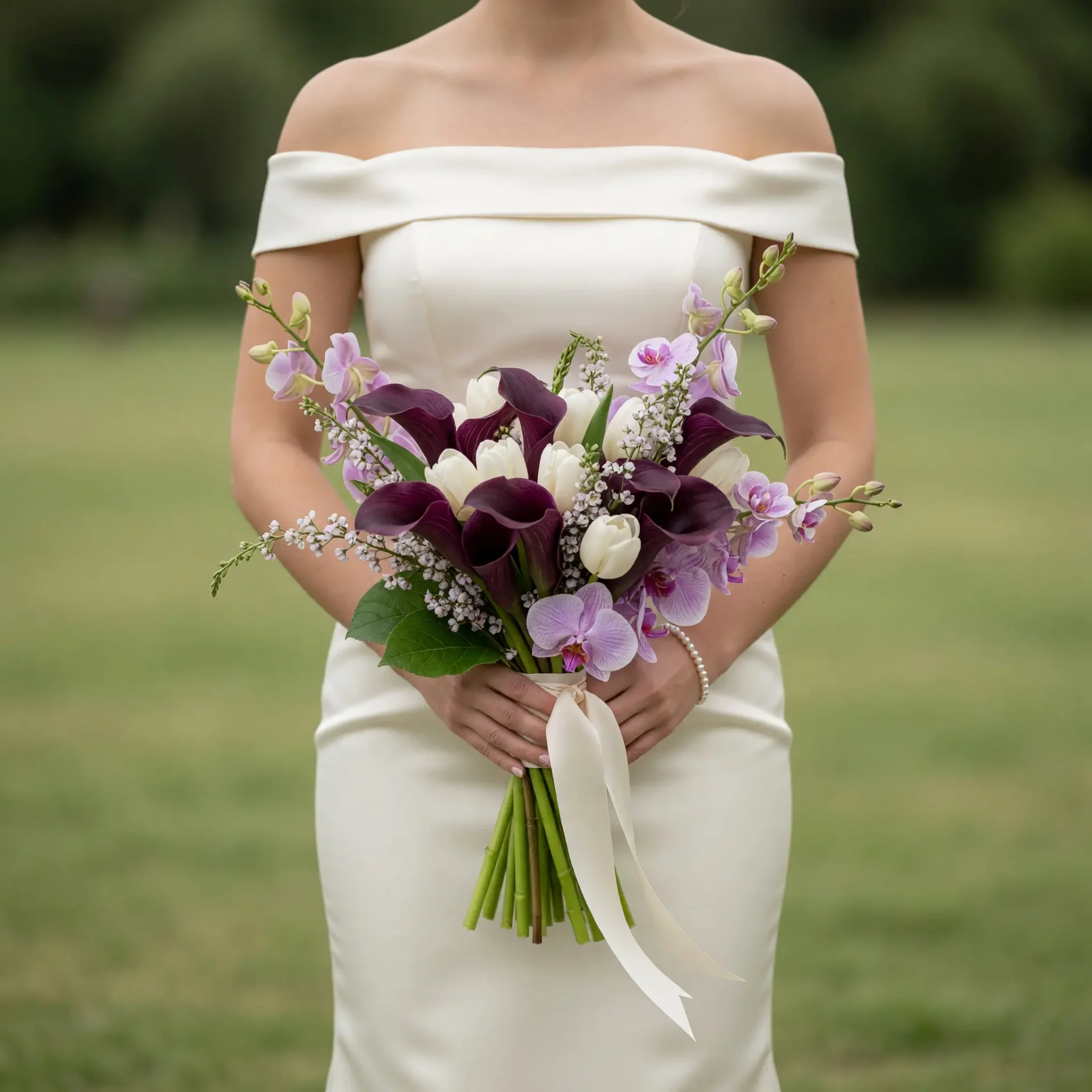 Purple calla lily wedding bouquet with deep plum calla lilies, lavender orchids, white tulips, delicate white filler flowers, and ivory ribbon