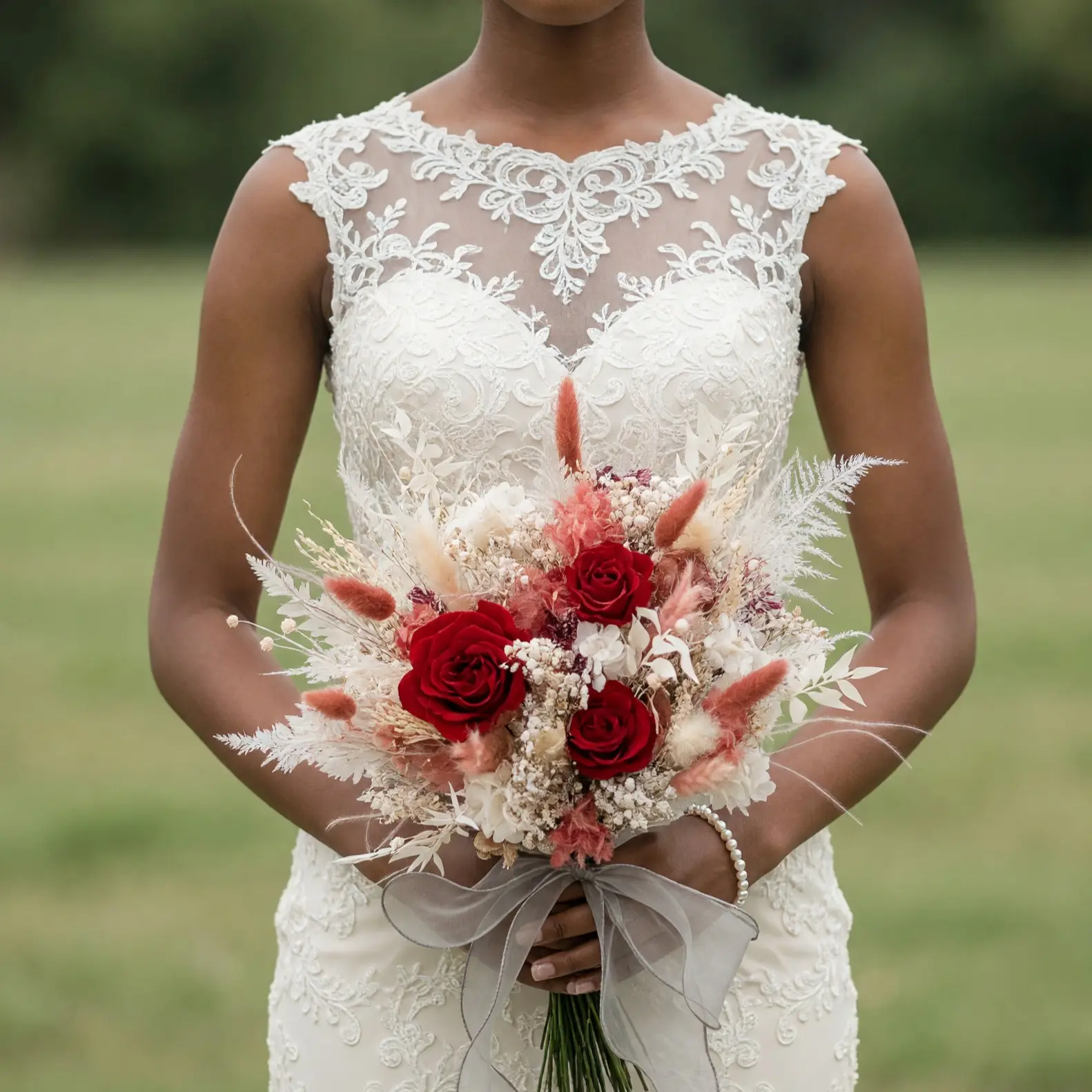 Bride holding a dried flower wedding bouquet with deep red roses, blush grasses, ivory blooms, pale preserved foliage, and a sheer grey ribbon.