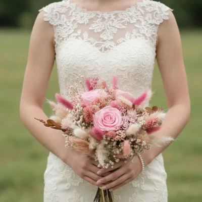 Bride holding a pink dried flower wedding bouquet with blush roses, fluffy pink grasses, cream botanicals, tiny white flowers, and warm foliage.