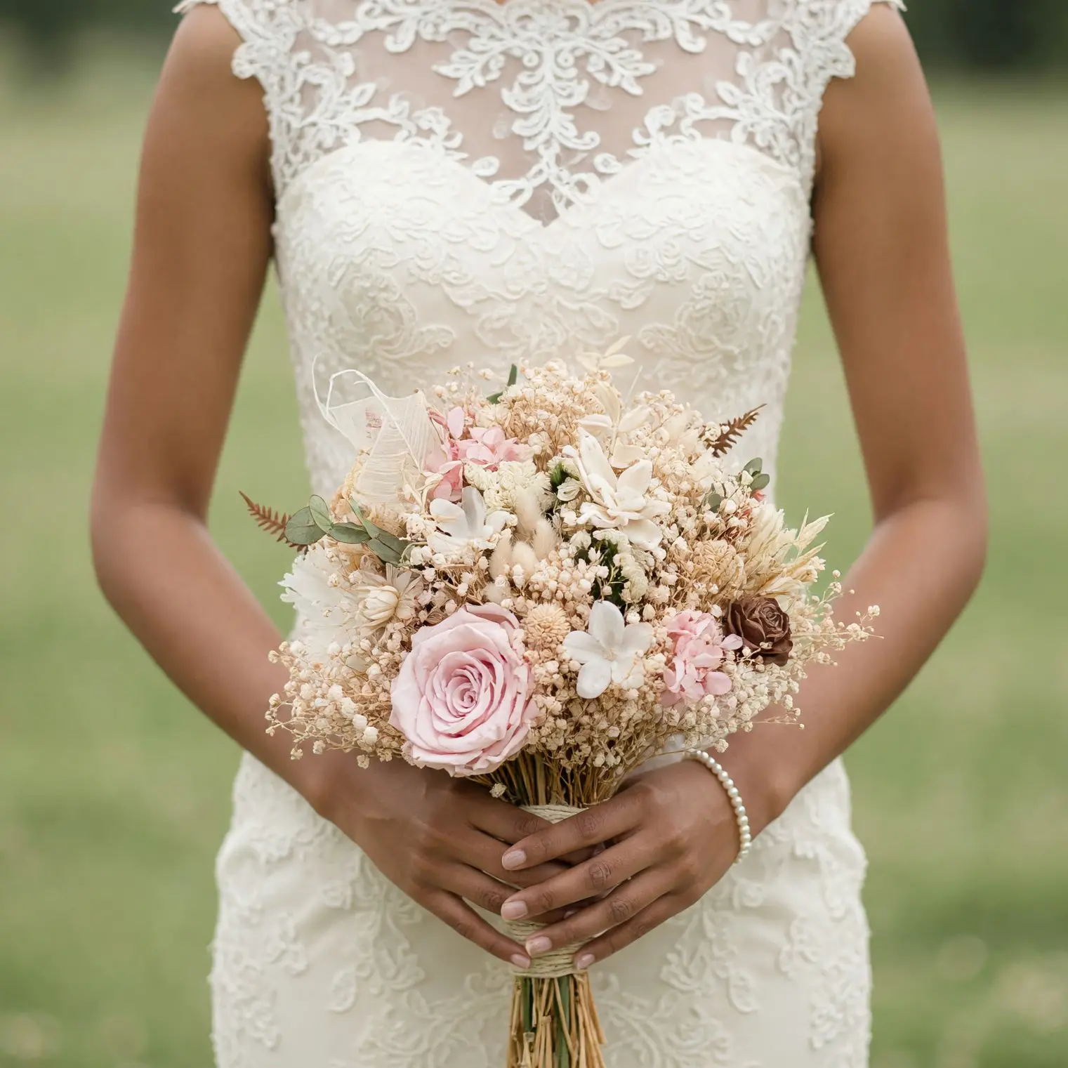 Blush Rose and Ivory Dried Wedding Bouquet