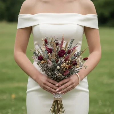 Bride holding a wineberry dried flower wedding bouquet with burgundy rose-like blooms, mauve stems, cream seed pods, and muted green foliage.
