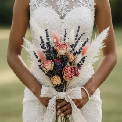 Bride holding a lavender dried flower wedding bouquet with dusty rose blooms, creamy roses, fluffy white grasses, pink accents, and lace ribbon.
