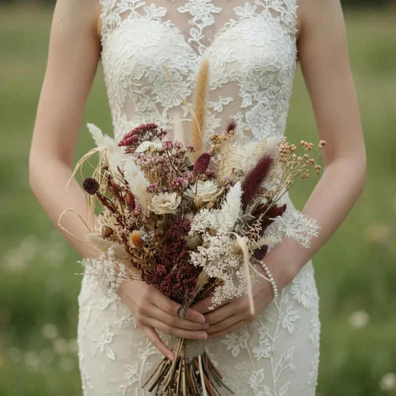 Dried Flower Wedding Bouquets Burgundy Wheat Meadow