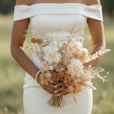 Bride holding a honeyed ivory dried flower wedding bouquet with dahlia-like blooms, warm seed heads, pale foliage, cream clusters, and fine branches.