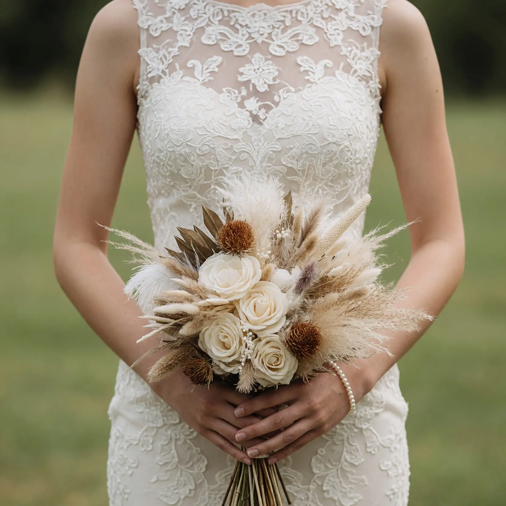 Ivory Dried Wedding Bouquet With Soft Grasses