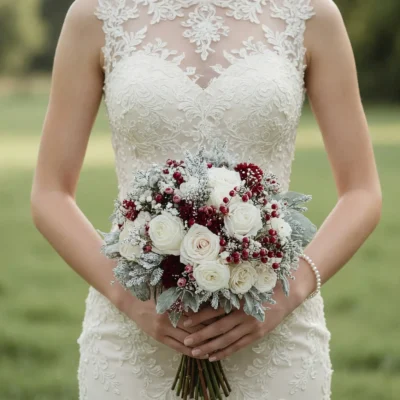 Christmas & Winter Wedding Bouquets bridal flowers bouquets with white roses, red berries, and frosted silver greenery