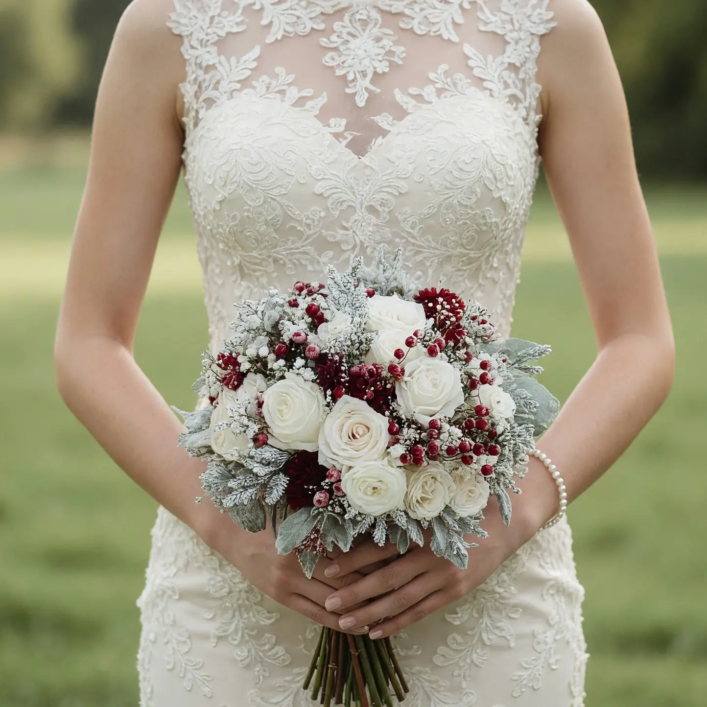 Christmas & Winter Wedding Bouquets – White Roses and Winter Berries