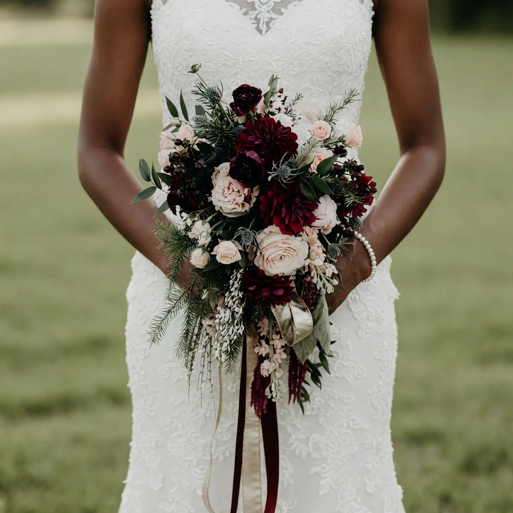 Christmas & Winter Wedding Bouquets with boho style flowers, burgundy blooms, blush roses, winter greenery and cascading ribbons