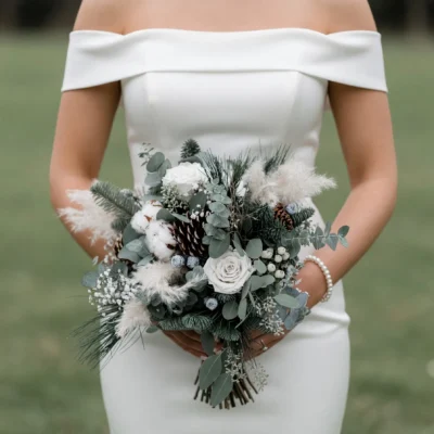 Christmas & Winter Wedding Bouquets bridal blooms with white roses, cotton, pinecones, eucalyptus and frosted evergreen foliage