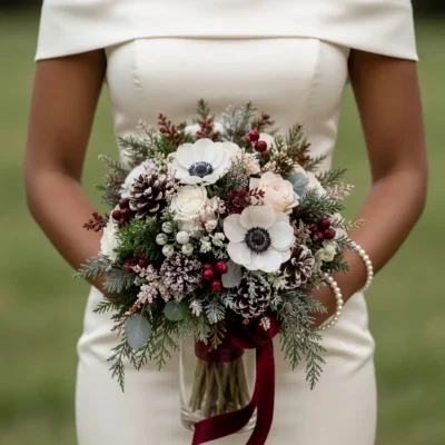 Christmas & Winter Wedding Bouquets wedding anniversary bouquet with white flowers, red berries, frosted pinecones and evergreen foliage