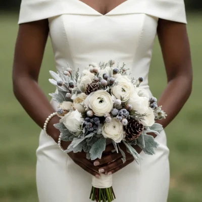 Christmas & Winter Wedding Bouquets bridal flowers bouquets with ivory flowers, frosted berries, pinecones and silver winter foliage