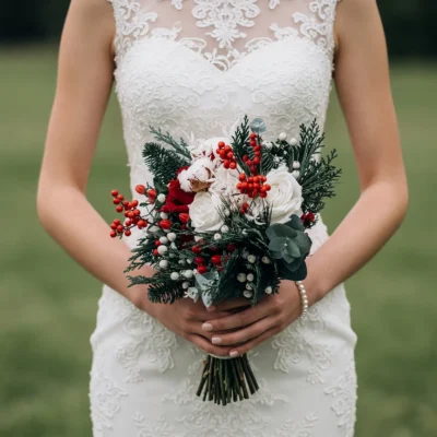 Christmas & Winter Wedding Bouquets bridal flowers bouquets with white roses, red berries, white berries, eucalyptus and evergreen foliage