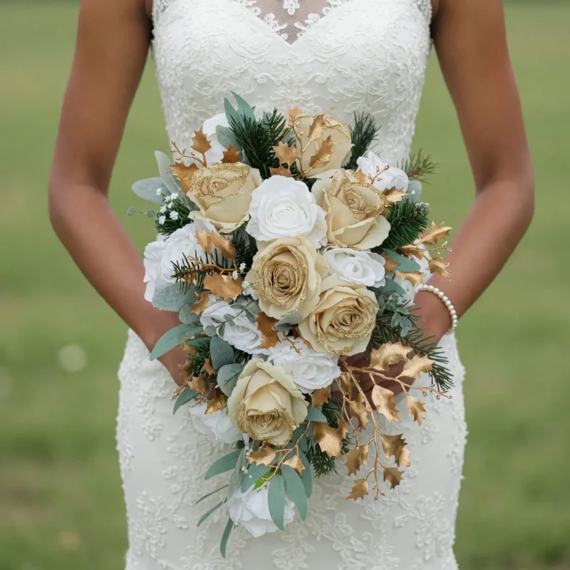 Christmas & Winter Wedding Bouquets – Golden Holly Cascade