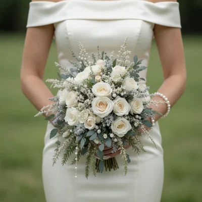 Christmas & Winter Wedding Bouquets bridal blooms with ivory roses, frosted white accents, eucalyptus, winter greenery and pearl details