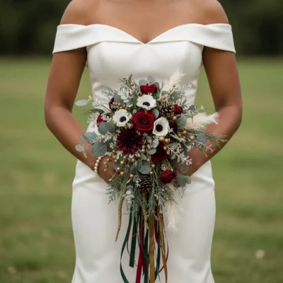 Christmas & Winter Wedding Bouquets boho style flowers with crimson roses, white blooms, eucalyptus, pinecones, gold berries and cascading ribbons