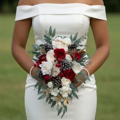 Christmas & Winter Wedding Bouquets bridal flowers bouquets with red and ivory roses, frosted pinecones, red berries, eucalyptus and gold foliage