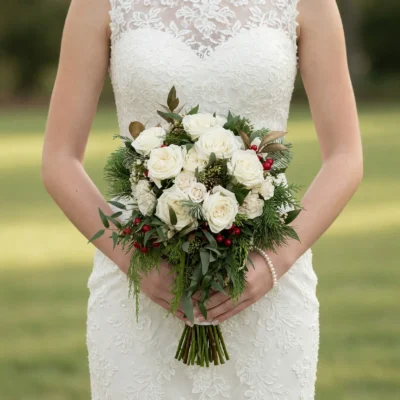 Christmas & Winter Wedding Bouquets bridal flowers bouquets with ivory roses, red berries, evergreen foliage, pinecones and bronze leaves