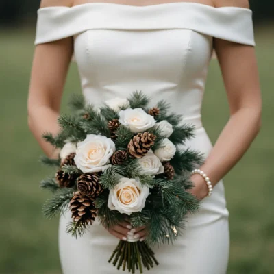 Christmas & Winter Wedding Bouquets bridal blooms with ivory roses, natural pinecones and lush evergreen pine branches