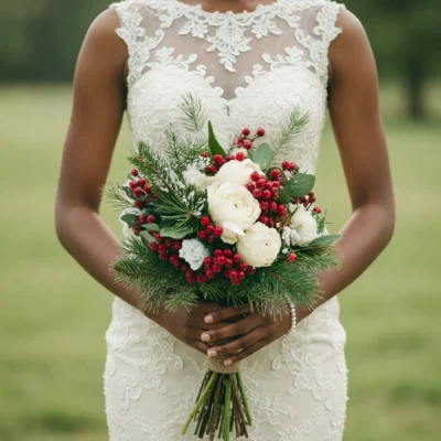 Popular wedding bouquets with white roses, red winter berries, eucalyptus and evergreen greenery for a Christmas bride