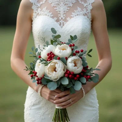 Bridal flowers bouquets with white peonies, red berries and eucalyptus for an elegant Christmas and winter wedding