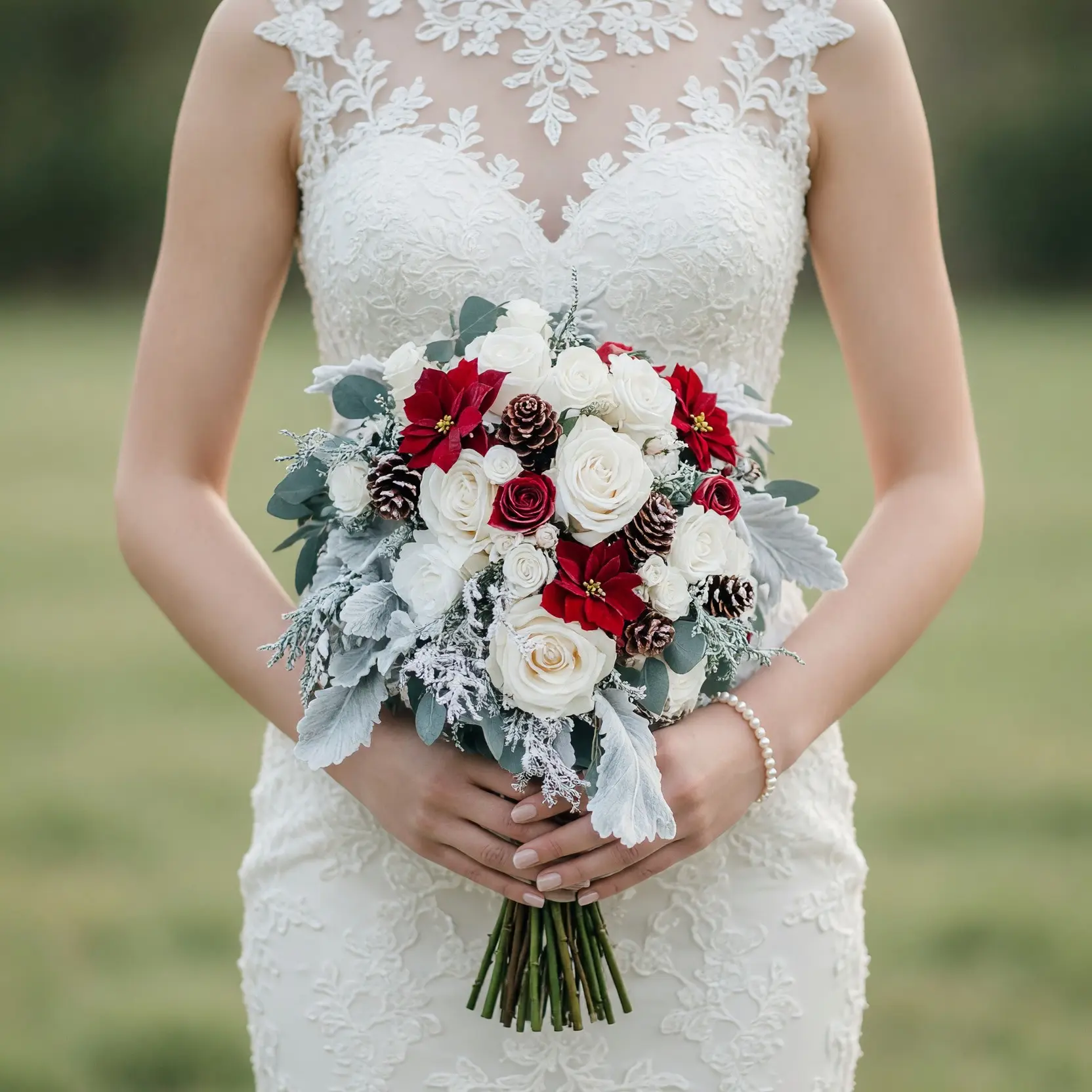 Bridal blooms with ivory roses, red Christmas flowers, pinecones, eucalyptus and frosted greenery for a winter wedding bouquet