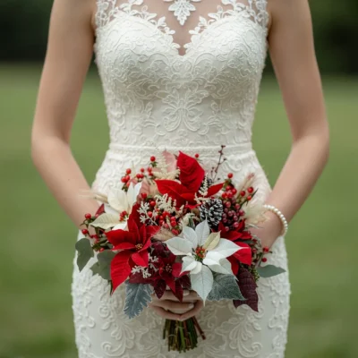 Wedding bouquets prices inspiration featuring red and white poinsettias, Christmas berries, pinecone and frosted foliage for a winter bride