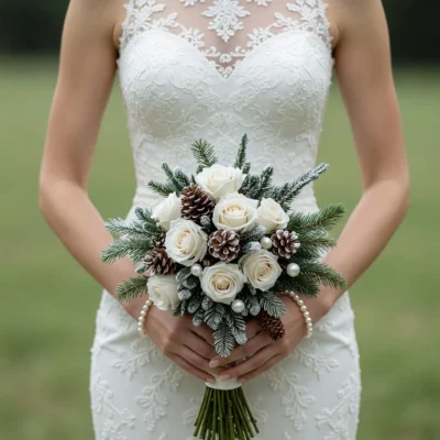Wedding flowers bridal bouquet prices inspiration with ivory roses, frosted evergreen branches, pinecones and pearl accents for a winter bride