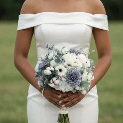 Bridal flowers bouquets with white blooms, blue-grey flowers, cotton stems, eucalyptus and silver foliage for an elegant winter wedding