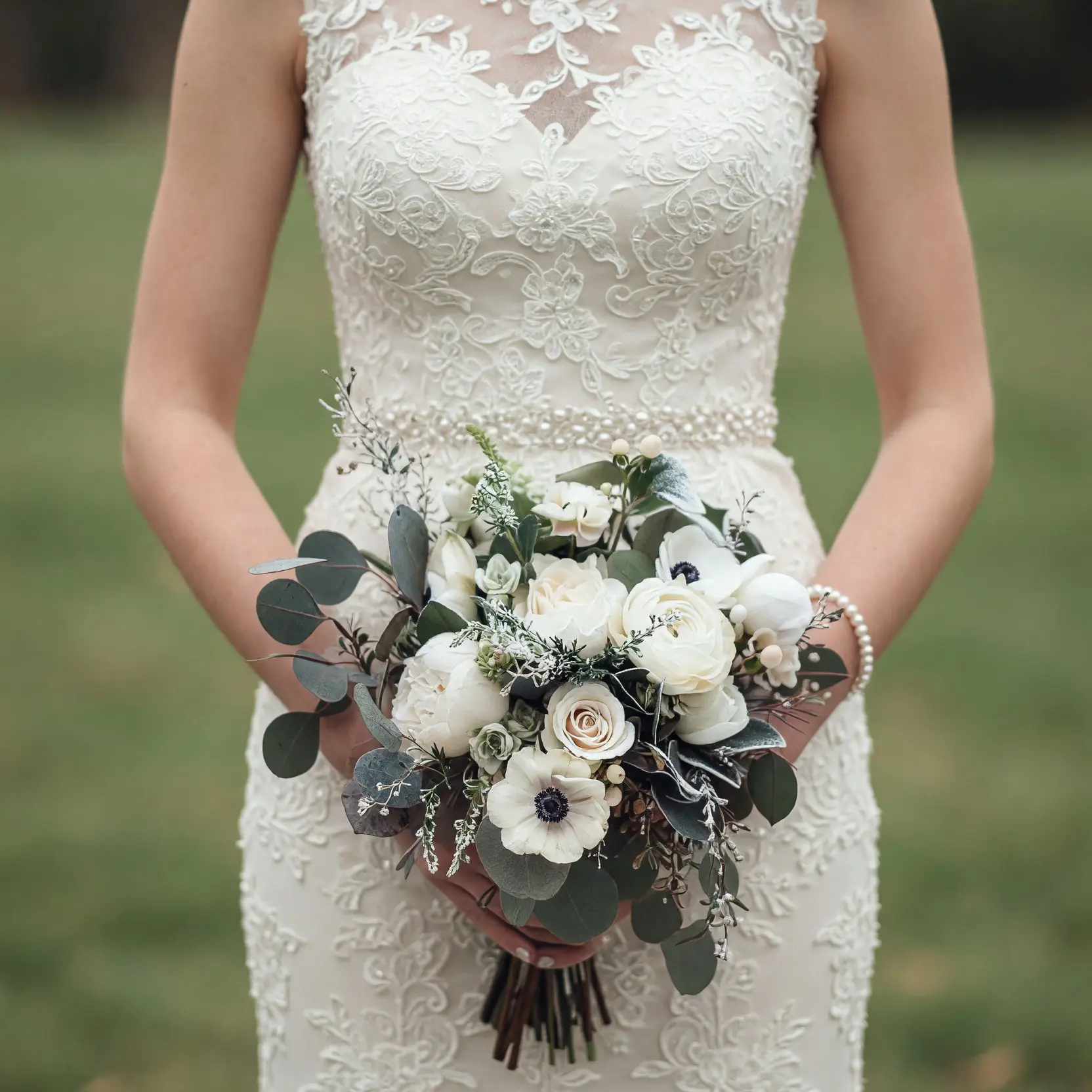 Popular wedding bouquets with ivory roses, white flowers, silver eucalyptus, pale berries and frosted greenery for an elegant bride