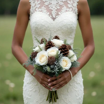 Wedding bouquet cost inspiration with ivory roses, natural pinecones, evergreen foliage and frosted silver greenery for a winter bride
