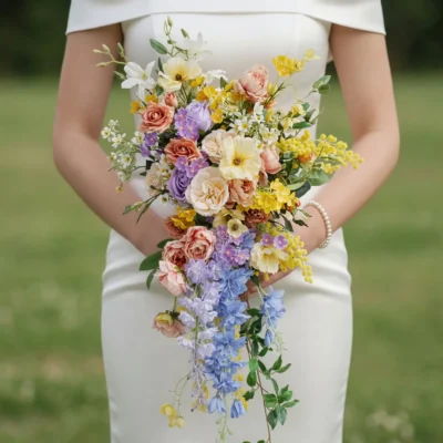 bridal flowers bouquets with peach roses lavender blooms yellow flowers and cascading blue accents for a romantic garden wedding