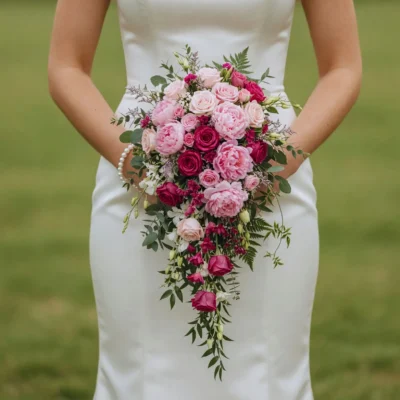 bridal flowers bouquets with blush peonies pink roses berry blooms white accents and cascading greenery for a romantic garden bride