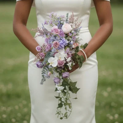 bridal flowers bouquets with lavender roses ivory orchids soft hydrangea blush blooms and cascading ivy for a romantic garden bride
