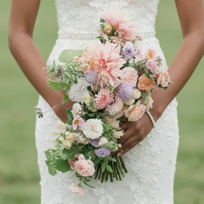 popular wedding bouquets with blush dahlias peach roses lilac accents ivory flowers and garden greenery for a romantic bride