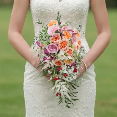 bridal flowers bouquets with peach roses blush flowers red berry accents ivory blooms and cascading greenery for a romantic garden bride