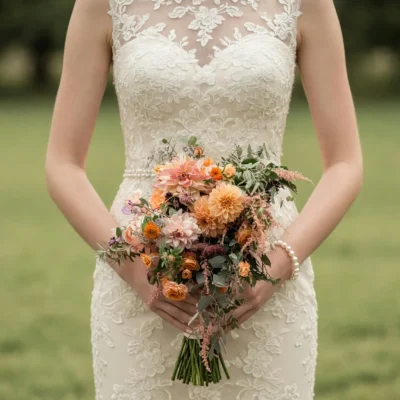 Popular wedding bouquets with peach dahlias, soft roses, autumn flowers, and cascading greenery for a romantic fall bride
