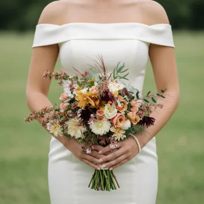 Bridal blooms with champagne roses, creamy dahlias, golden flowers, burgundy accents, and airy greenery for a fall wedding