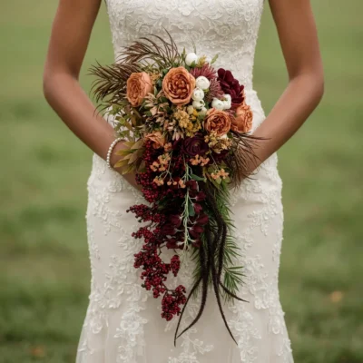 Bridal bouquet cost inspiration with caramel roses, burgundy flowers, dark berries, ivory blooms, and cascading greenery for a fall wedding